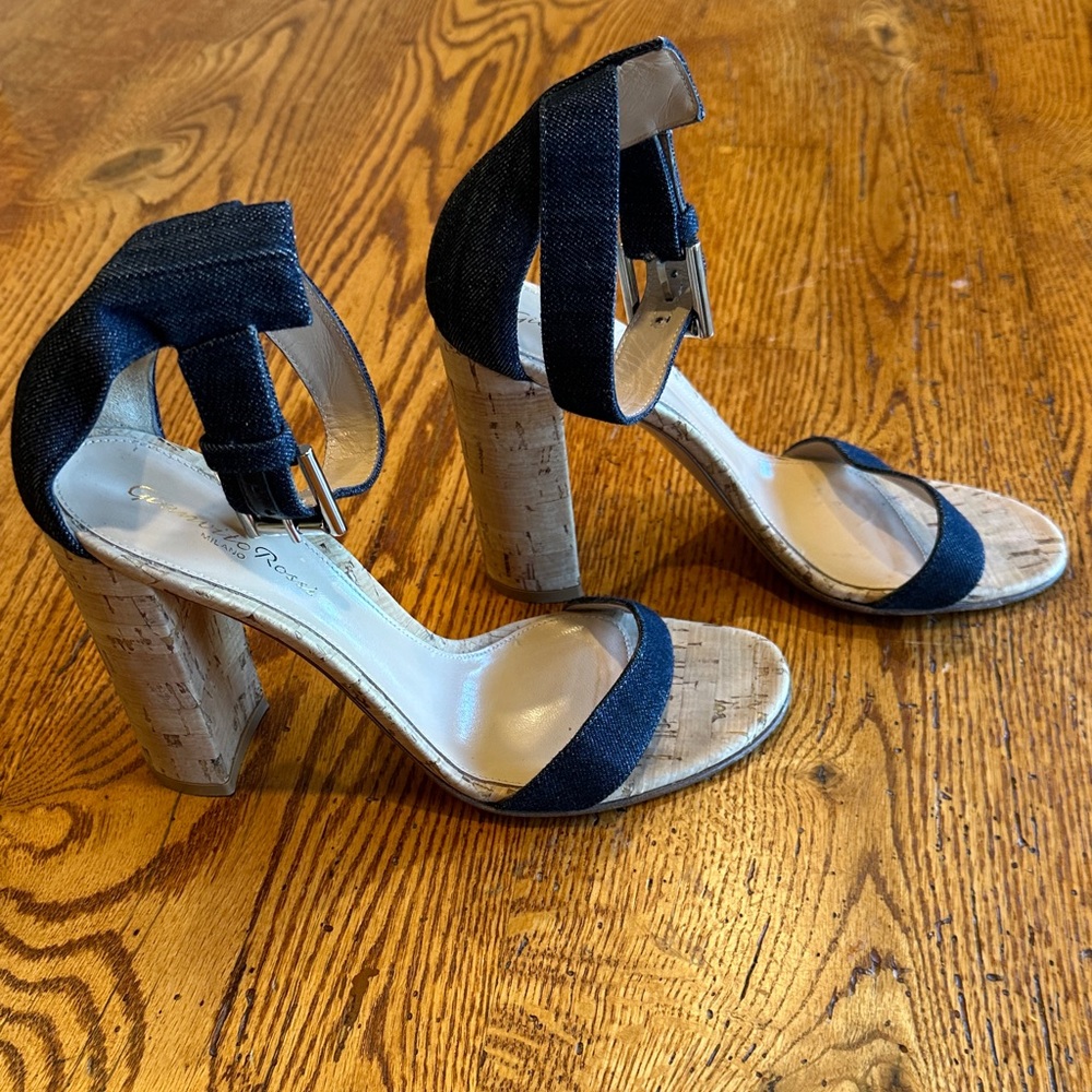 Gianvito Rossi Navy Denim and Tan Cork Heeled Sandals